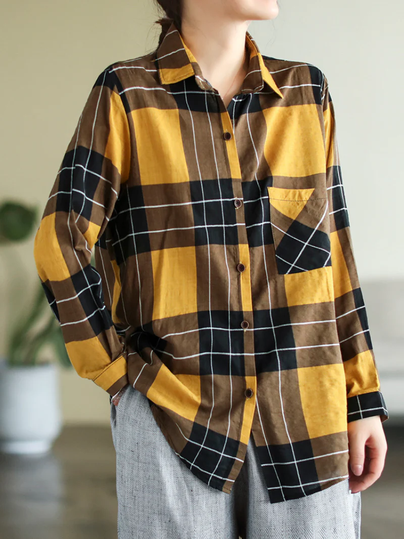Long Sleeve Stylish Lapel Plaid Loose Causal Shirt Dress - Image 3