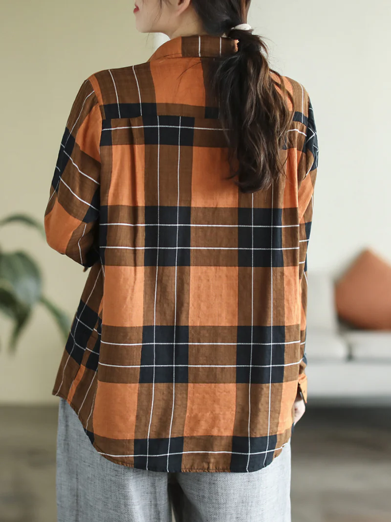Long Sleeve Stylish Lapel Plaid Loose Causal Shirt Dress - Image 6