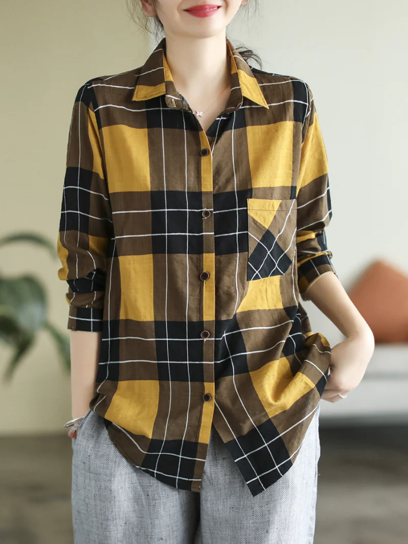 Long Sleeve Stylish Lapel Plaid Loose Causal Shirt Dress - Image 7