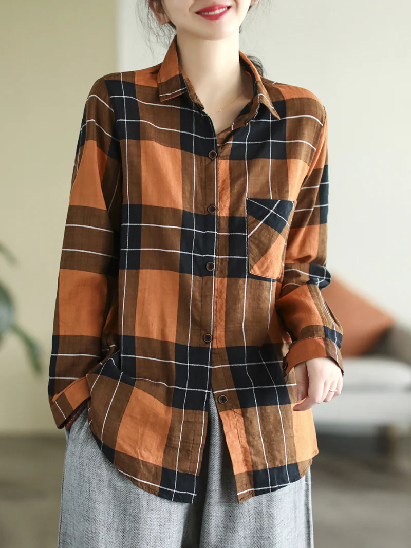 Long Sleeve Stylish Lapel Plaid Loose Causal Shirt Dress - Image 8