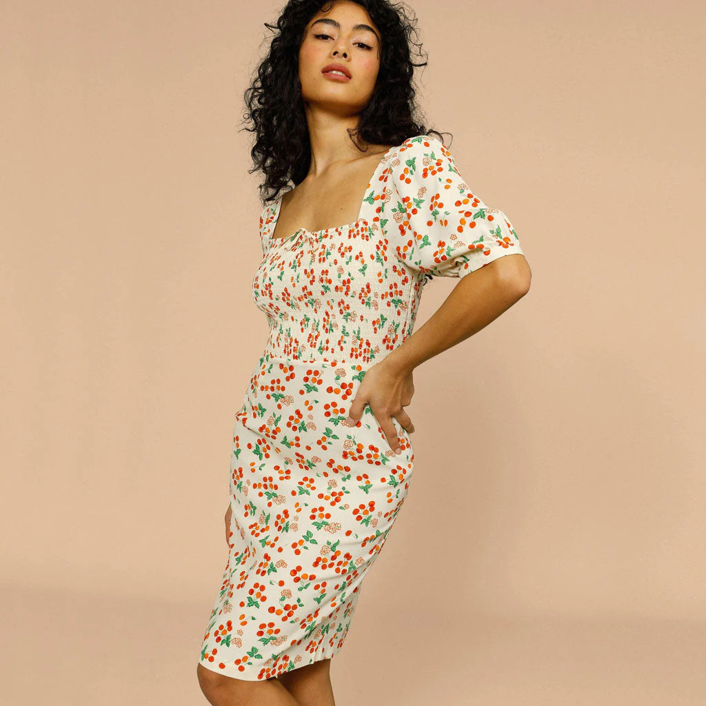 Square Neck Printed Puff Sleeve Shirred French Midi Dress - Beige - Image 2
