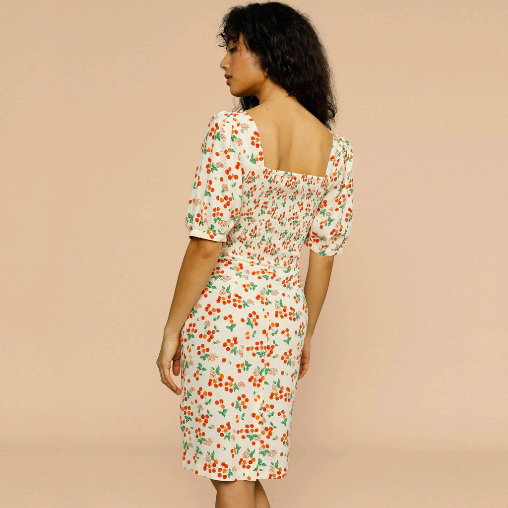 Square Neck Printed Puff Sleeve Shirred French Midi Dress - Beige - Image 3
