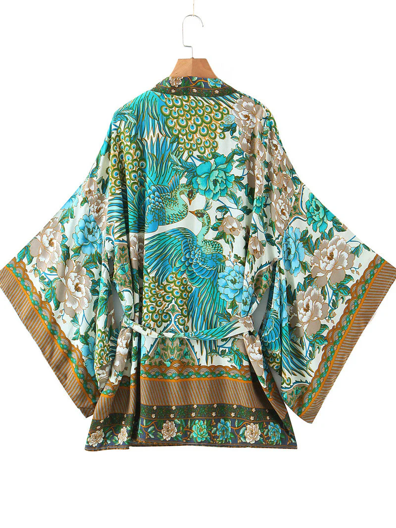 Kimono Floral Birds Print Green Color Cotton Short Length Gown Kimono - Image 2