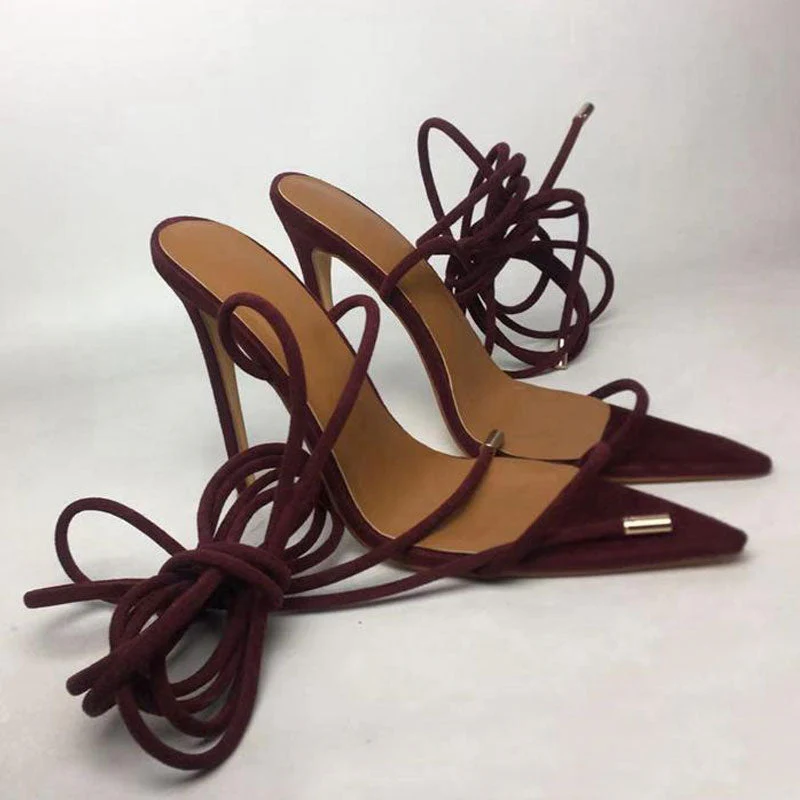 Strappy Lace Up Ankle Tie Pointed Toe Suede Heeled Sandals - Burgundy - Image 2
