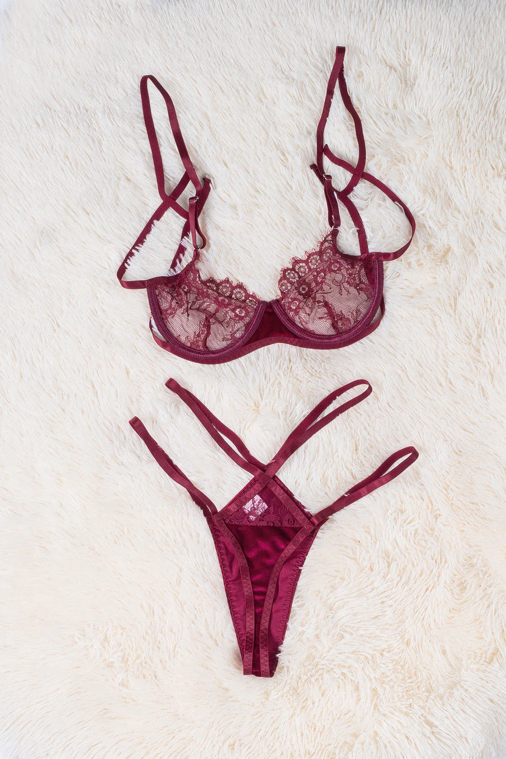 Strappy Velvet Patchwork Lace Bra And Panty Set - Image 27