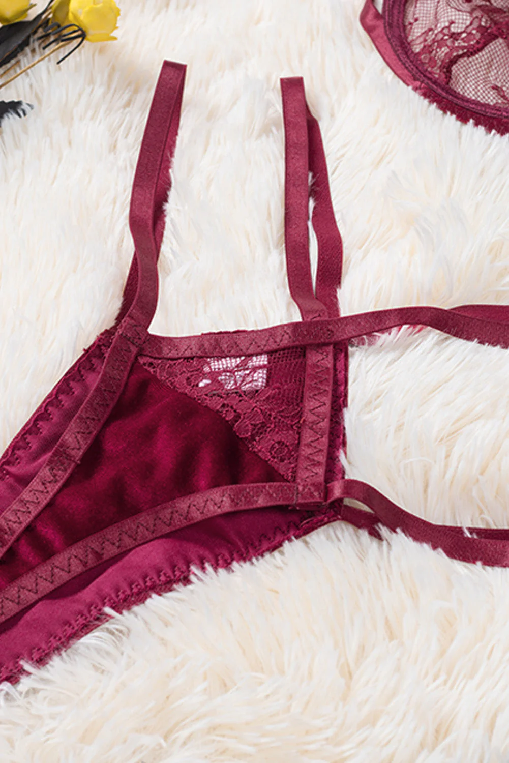 Strappy Velvet Patchwork Lace Bra And Panty Set - Image 31