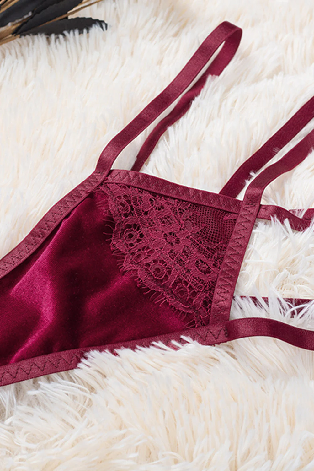 Strappy Velvet Patchwork Lace Bra And Panty Set - Image 36