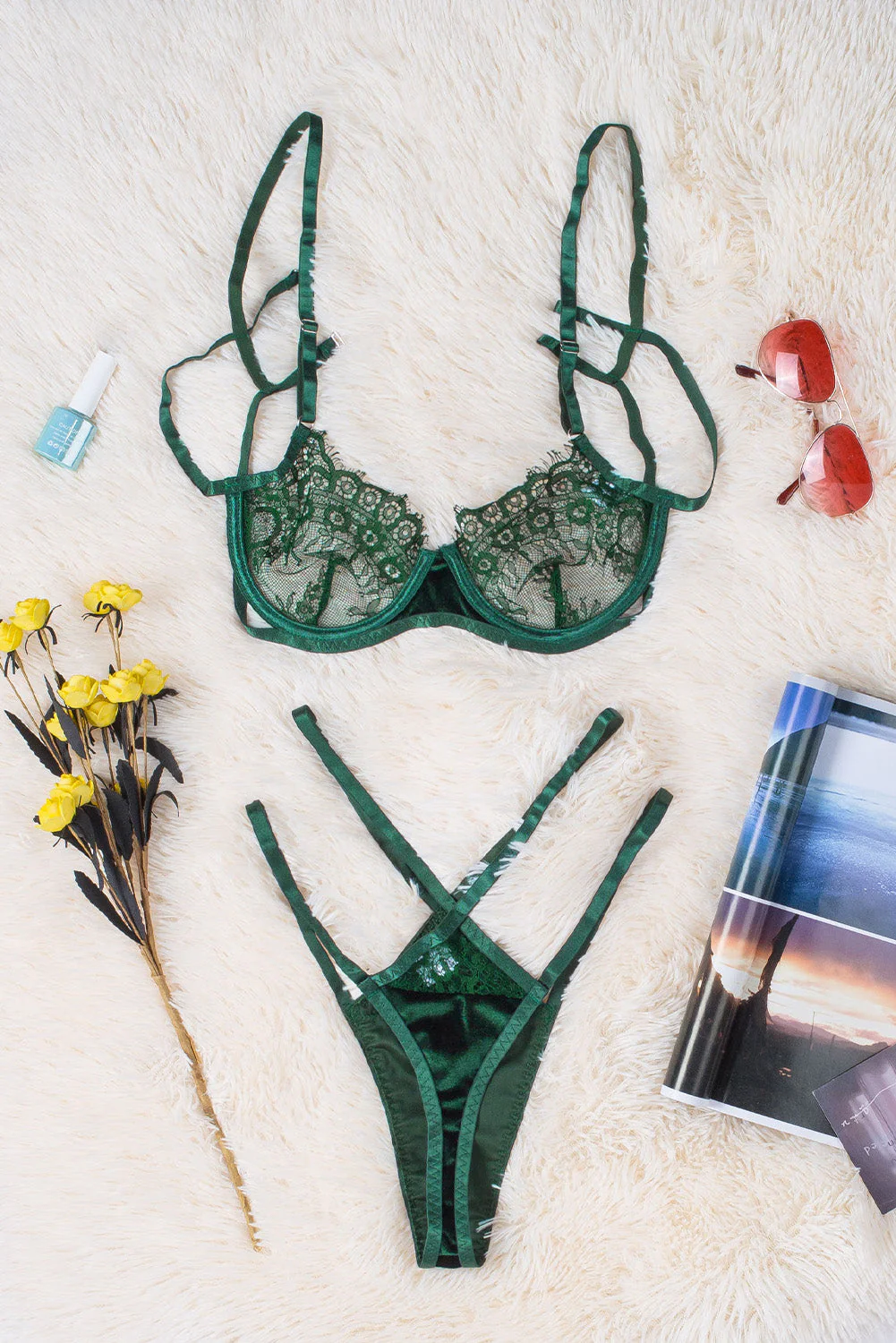 Strappy Velvet Patchwork Lace Bra And Panty Set - Image 7
