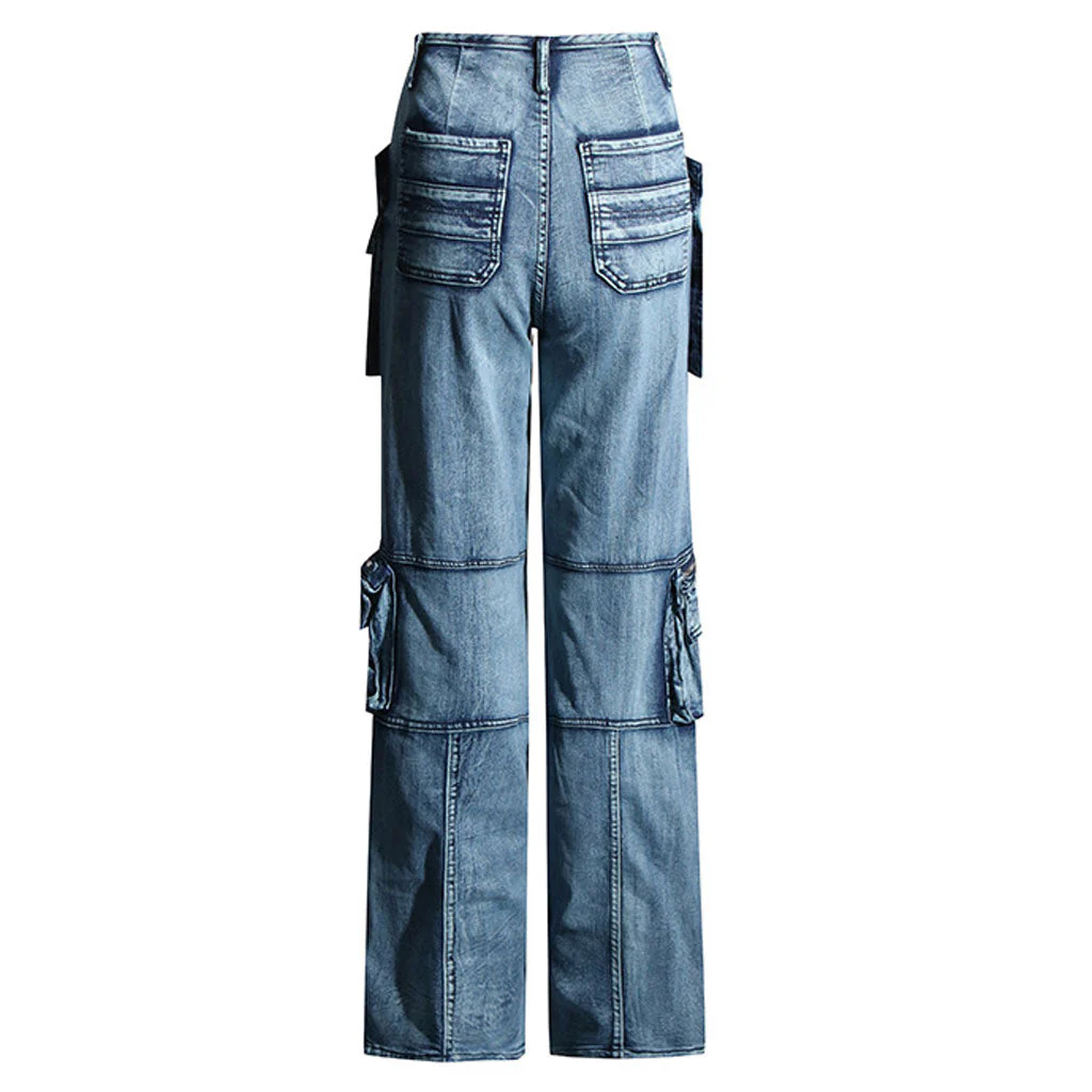 Street Distressed Flap Pocket Zipper Split Hem Straight Leg Cargo Jeans - Image 4