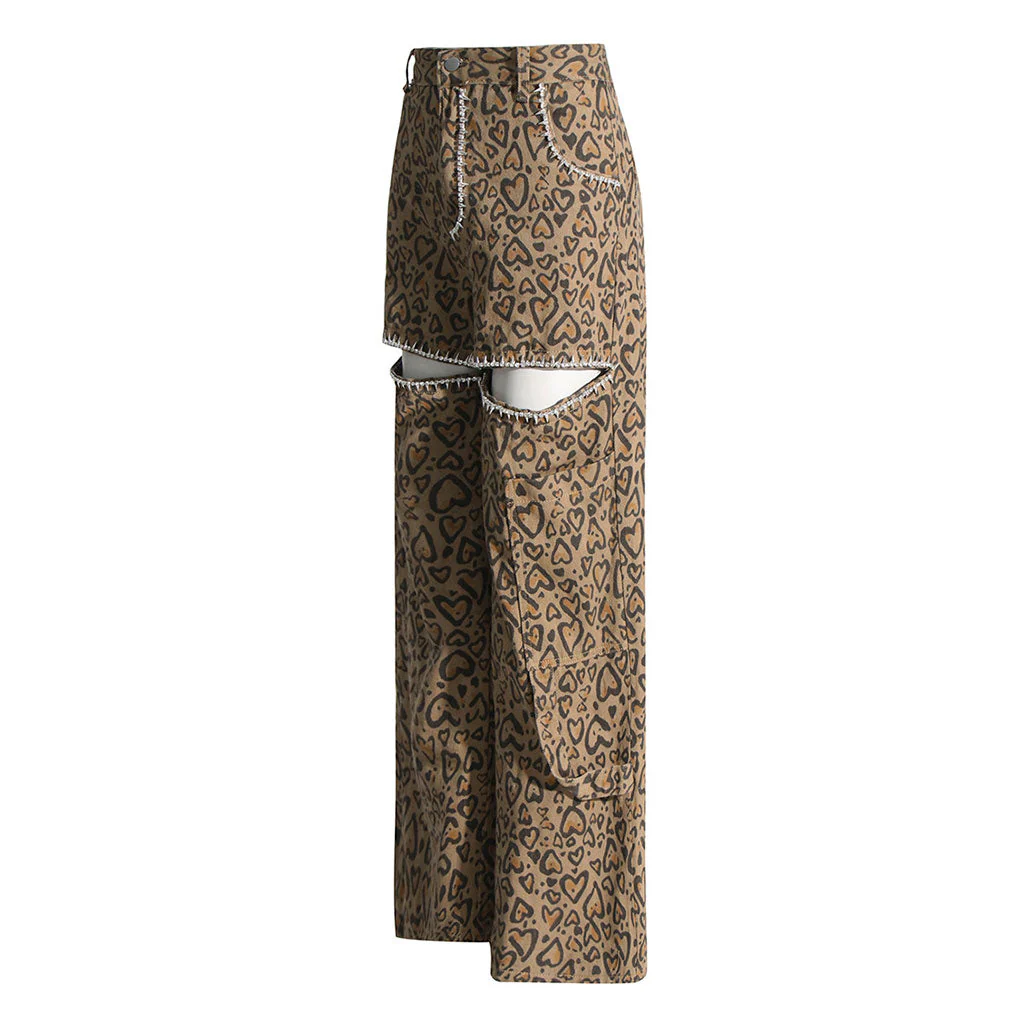 Street Leopard Crystal Embellished CutOut High Waist Straight Leg Denim Jeans - Image 2