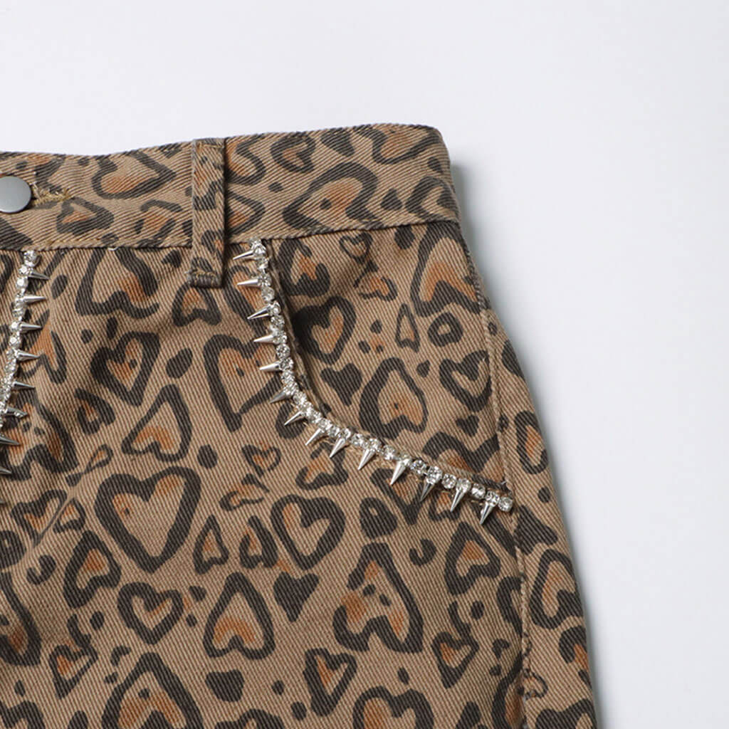 Street Leopard Crystal Embellished CutOut High Waist Straight Leg Denim Jeans - Image 5