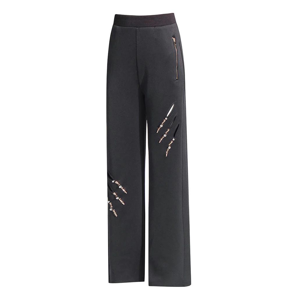 Street Rhinestone Skeleton Claw Cut Out High Waist Straight Leg Pants - Image 2