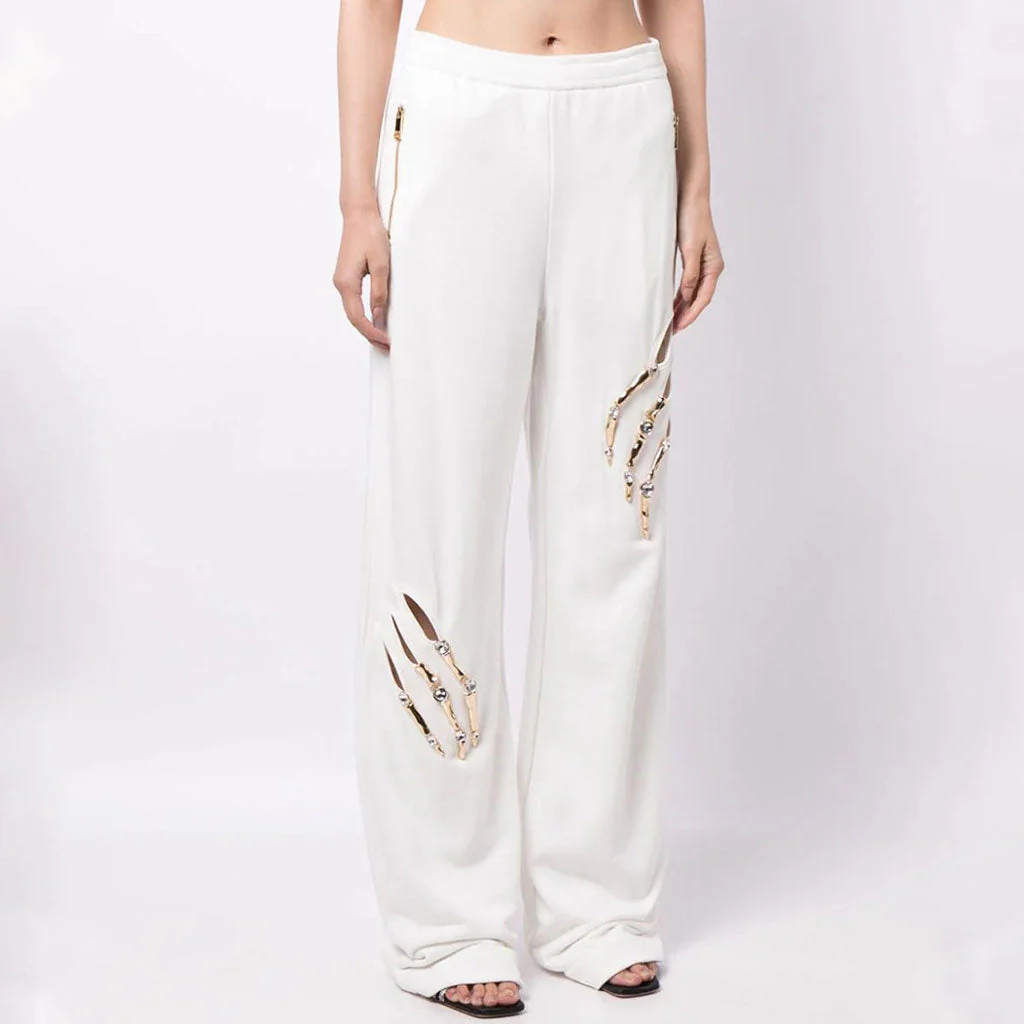 Street Rhinestone Skeleton Claw Cut Out High Waist Straight Leg Pants - Image 5