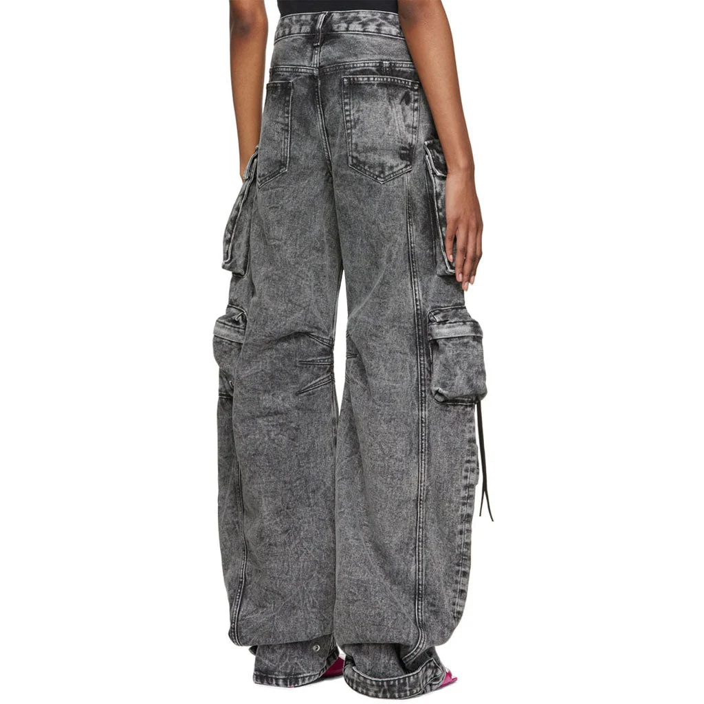Street Style Acid Wash Multiple Pocket Wide Leg Cargo Denim Jeans - Image 2