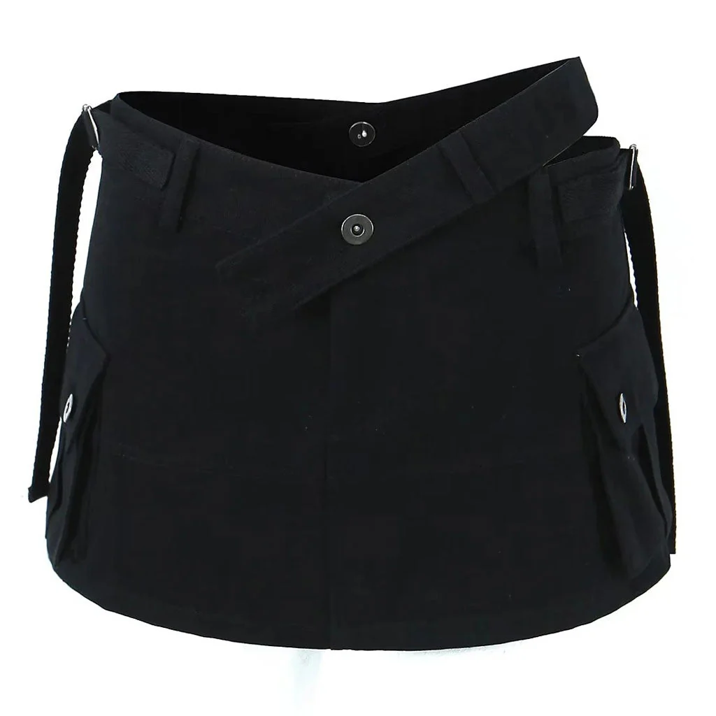Street Style Asymmetric Strappy Solid Color Studded Cargo Pocket Mini Skort - Image 5