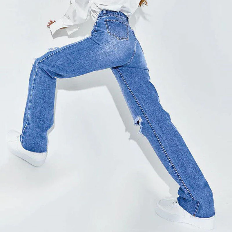 Street Style Cut Out High Waist Frayed Straight Leg Jeans- Blue - Image 3