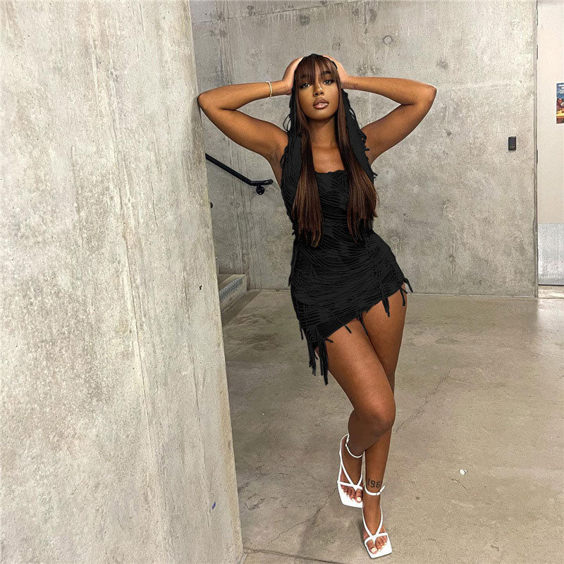 Street Style Distressed Sleeveless Low Back Hooded Mini Dress - Black - Image 2