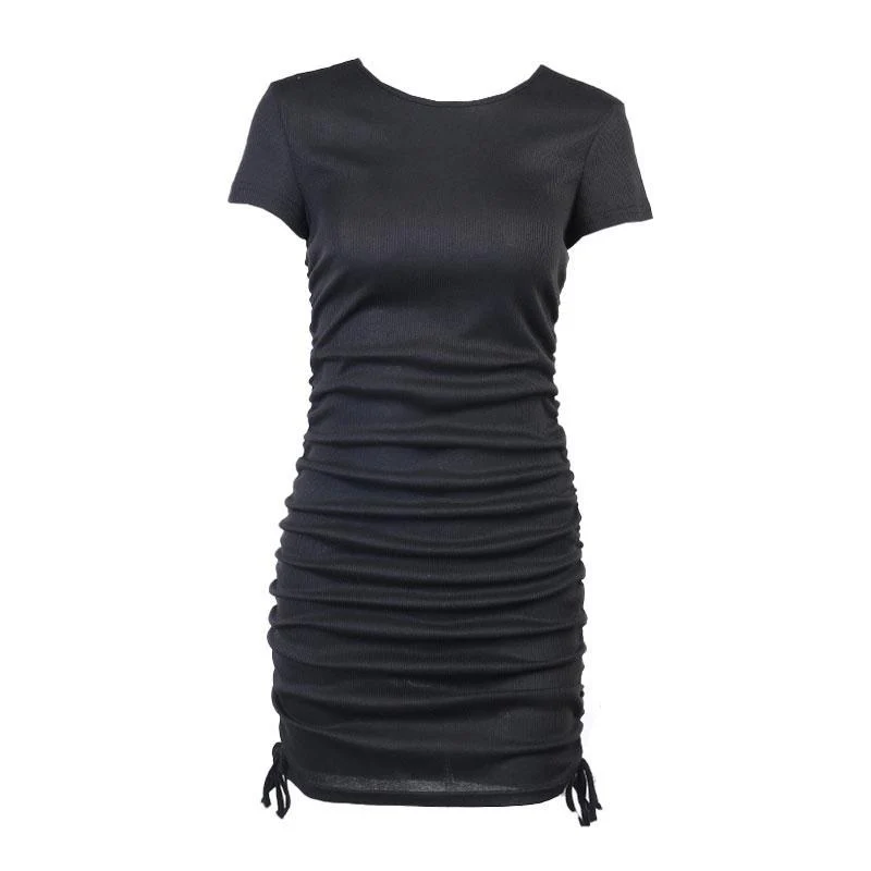 Street Style Drawstring Side Rib Knit Mini Dress - Black - Image 3