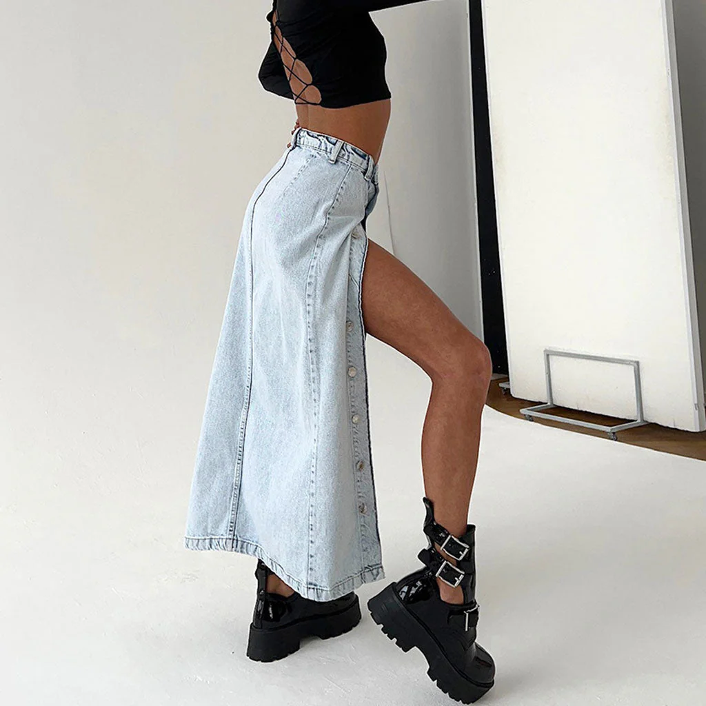 Street Style Faded Wash Button Front Split High Waist Midi Denim Skirt - Image 2