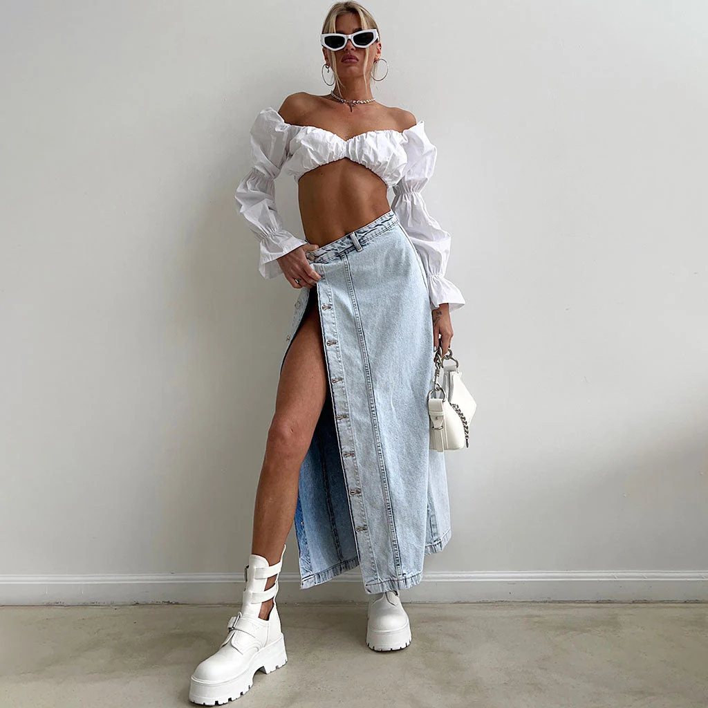 Street Style Faded Wash Button Front Split High Waist Midi Denim Skirt - Image 6