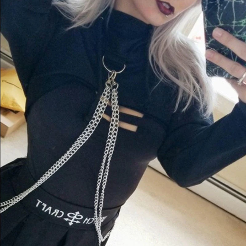 Street Style Metallic Chain Drop Shoulder Long Sleeve Cropped Hoodie - Black - Image 2