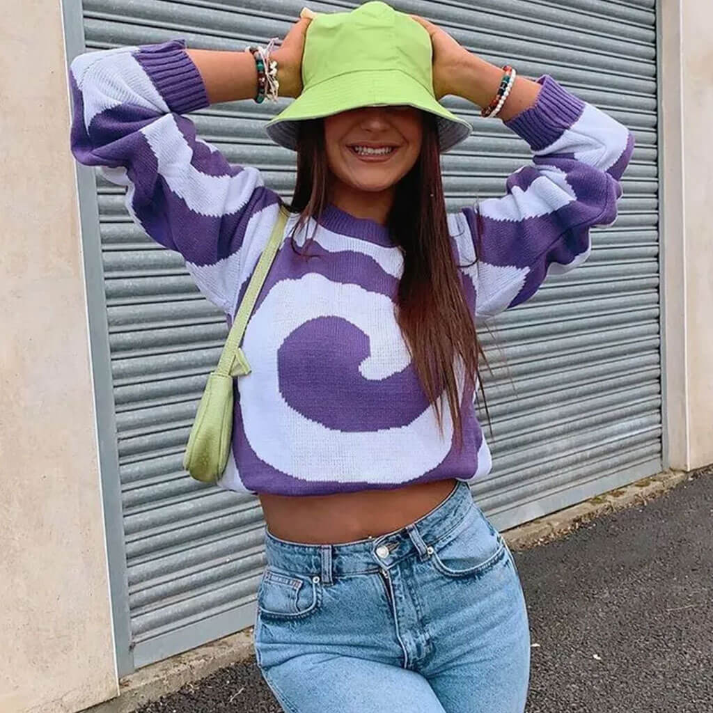 Striking Contrast Whirlpool Round Neck Pullover Sweater - Purple - Image 3