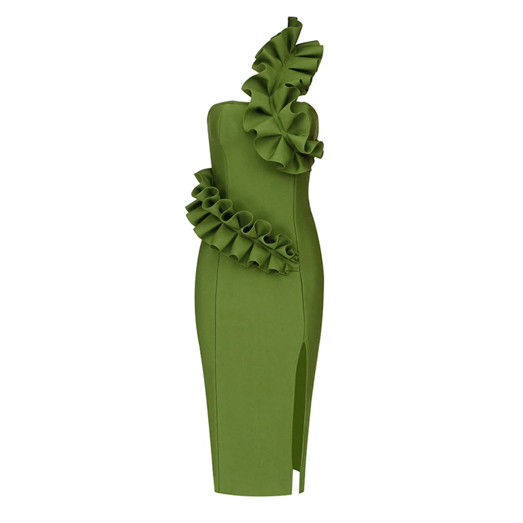 Striking Ruffle Detail One Shoulder Slit Bandage Midi Dress - Green - Image 3