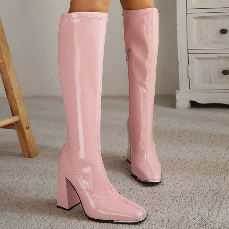 Striking Square Toe Patent Leather Block Heel Knee High Boots - Pink - Image 3
