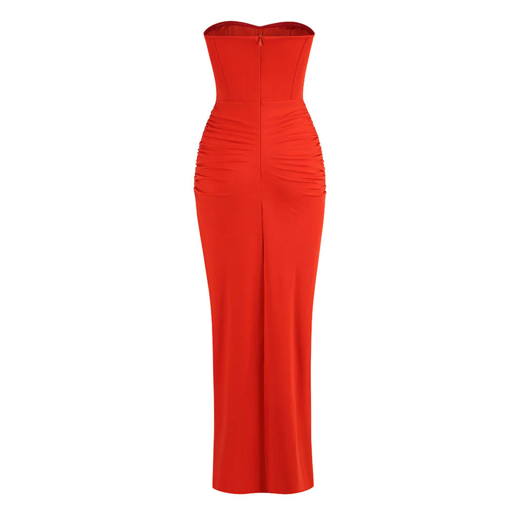Striking Sweetheart Corset Bandeau Draped Ruched Thigh Split Maxi Evening Dress - Image 2
