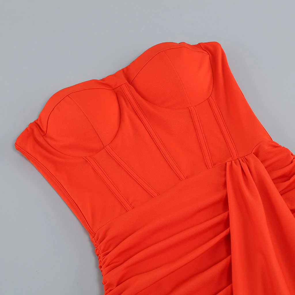 Striking Sweetheart Corset Bandeau Draped Ruched Thigh Split Maxi Evening Dress - Image 3