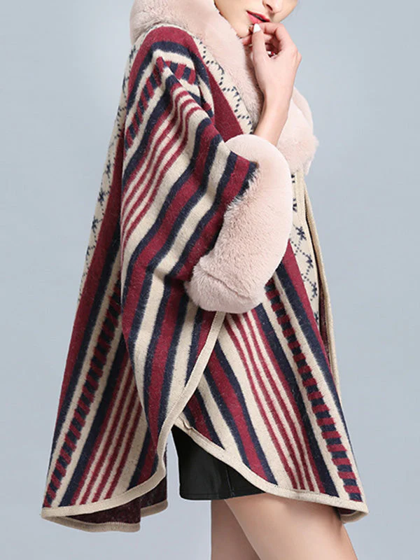 Stripe Bordeus Fluffy Neck Plus Size Cape Cardigan - Image 11