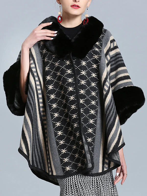 Stripe Bordeus Fluffy Neck Plus Size Cape Cardigan - Image 13