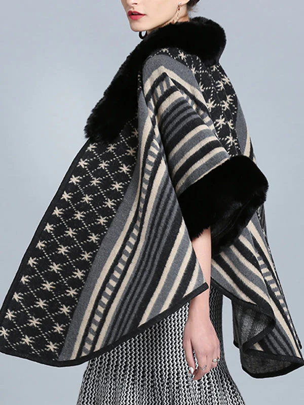 Stripe Bordeus Fluffy Neck Plus Size Cape Cardigan - Image 14