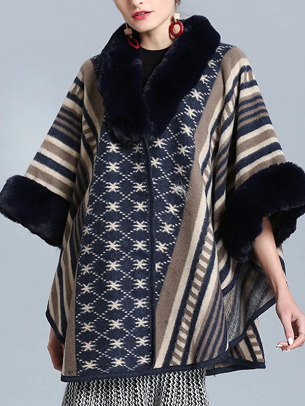 Stripe Bordeus Fluffy Neck Plus Size Cape Cardigan - Image 19