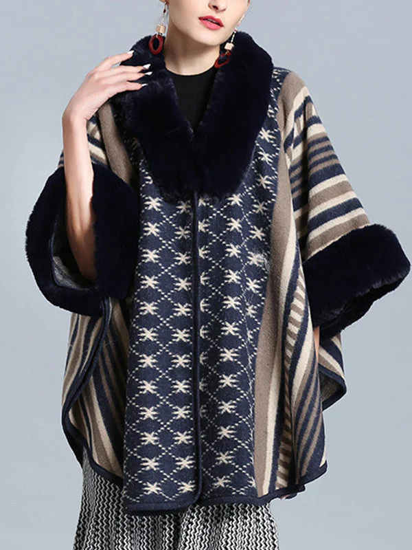 Stripe Bordeus Fluffy Neck Plus Size Cape Cardigan - Image 2