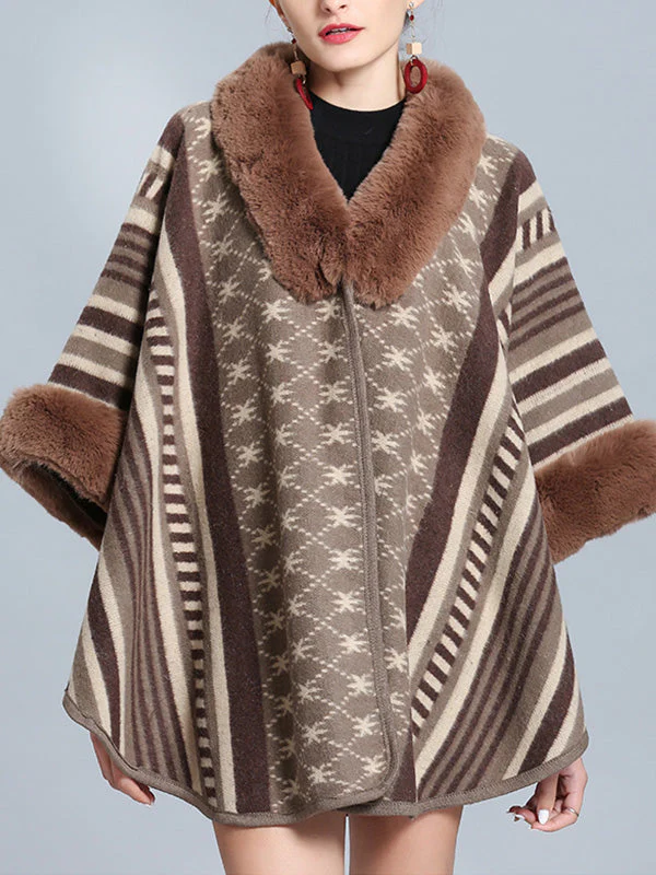 Stripe Bordeus Fluffy Neck Plus Size Cape Cardigan - Image 3