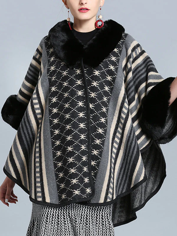 Stripe Bordeus Fluffy Neck Plus Size Cape Cardigan - Image 4
