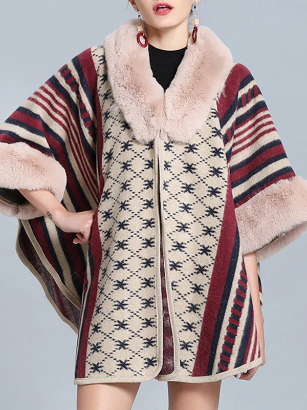 Stripe Bordeus Fluffy Neck Plus Size Cape Cardigan - Image 9