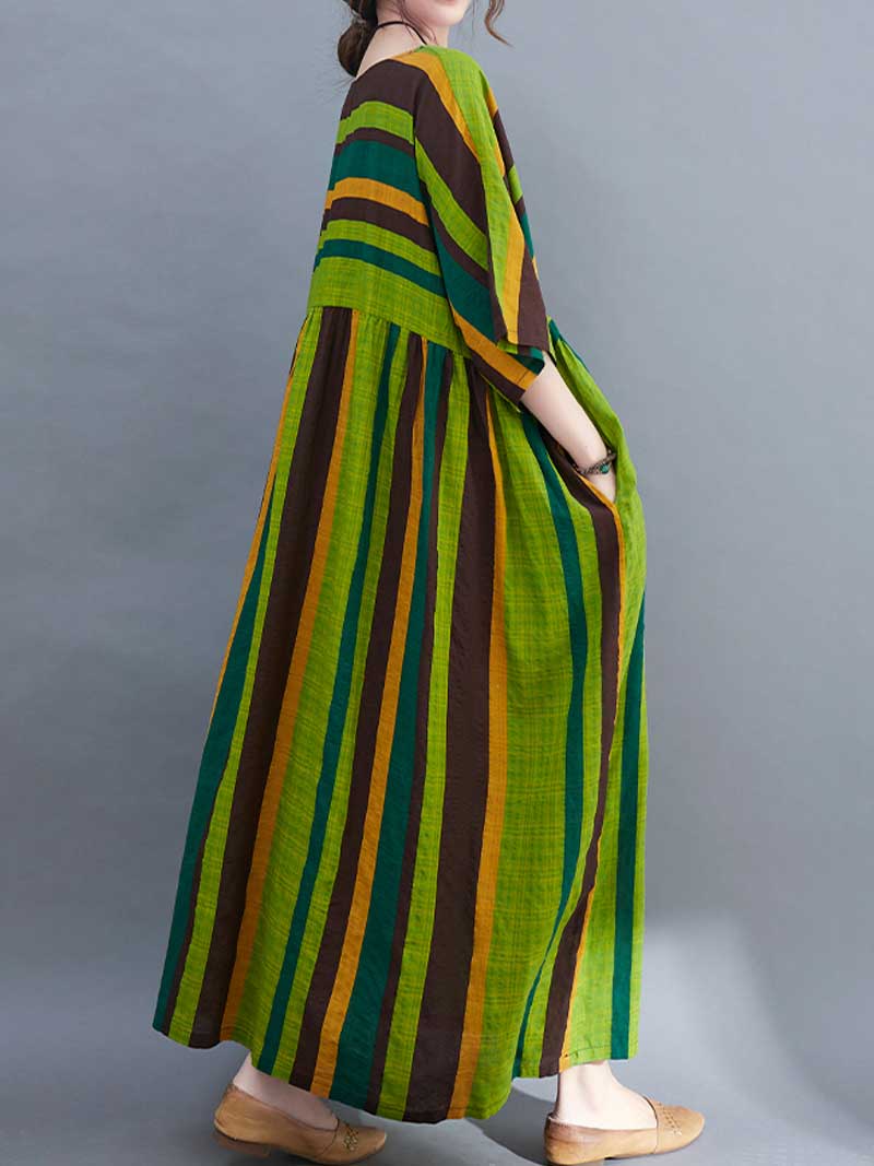 Striped Cotton Short-Sleeves A-Line Dress - Image 2