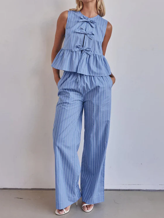 Striped Crew Neck Sleeveless Top Set - Image 2