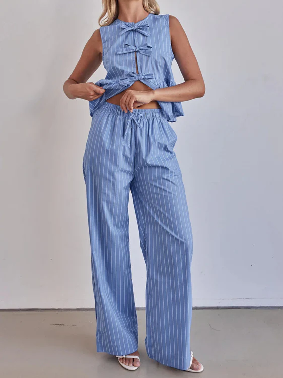 Striped Crew Neck Sleeveless Top Set - Image 4