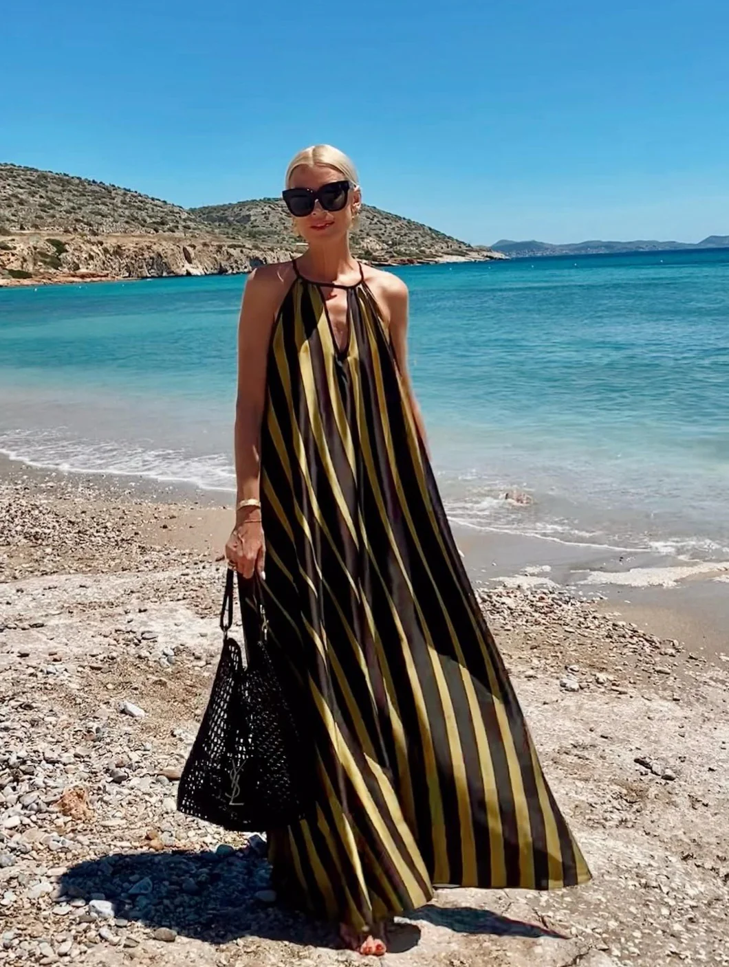 Striped Print V-Neck Lace-Up Long Dress - Image 2