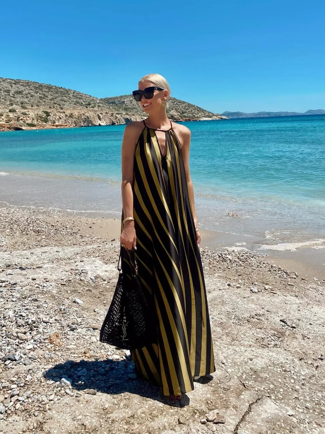Striped Print V-Neck Lace-Up Long Dress - Image 4