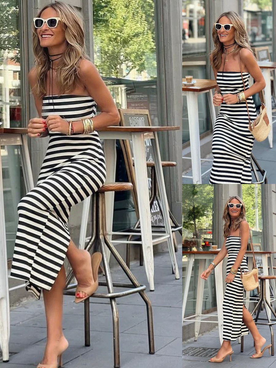 Striped Wrap Dress with Slits - Image 5