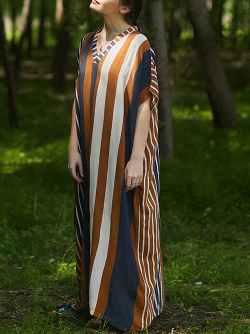 Stripes Print Multicolor Half Sleeves Kaftan Dress - Image 2