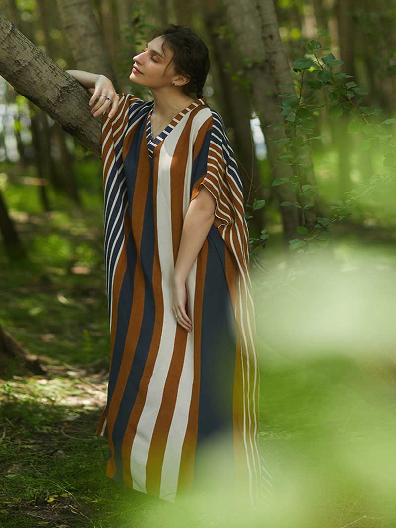Stripes Print Multicolor Half Sleeves Kaftan Dress - Image 3