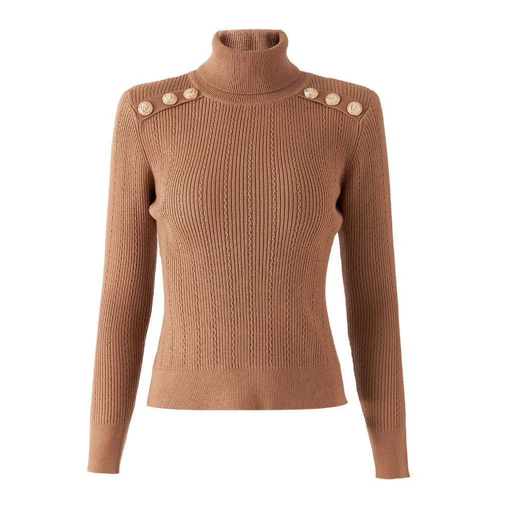 Stylish Button Detail Shoulder Pad Turtleneck Long Sleeve Cable Ribbed Knit Top - Image 4