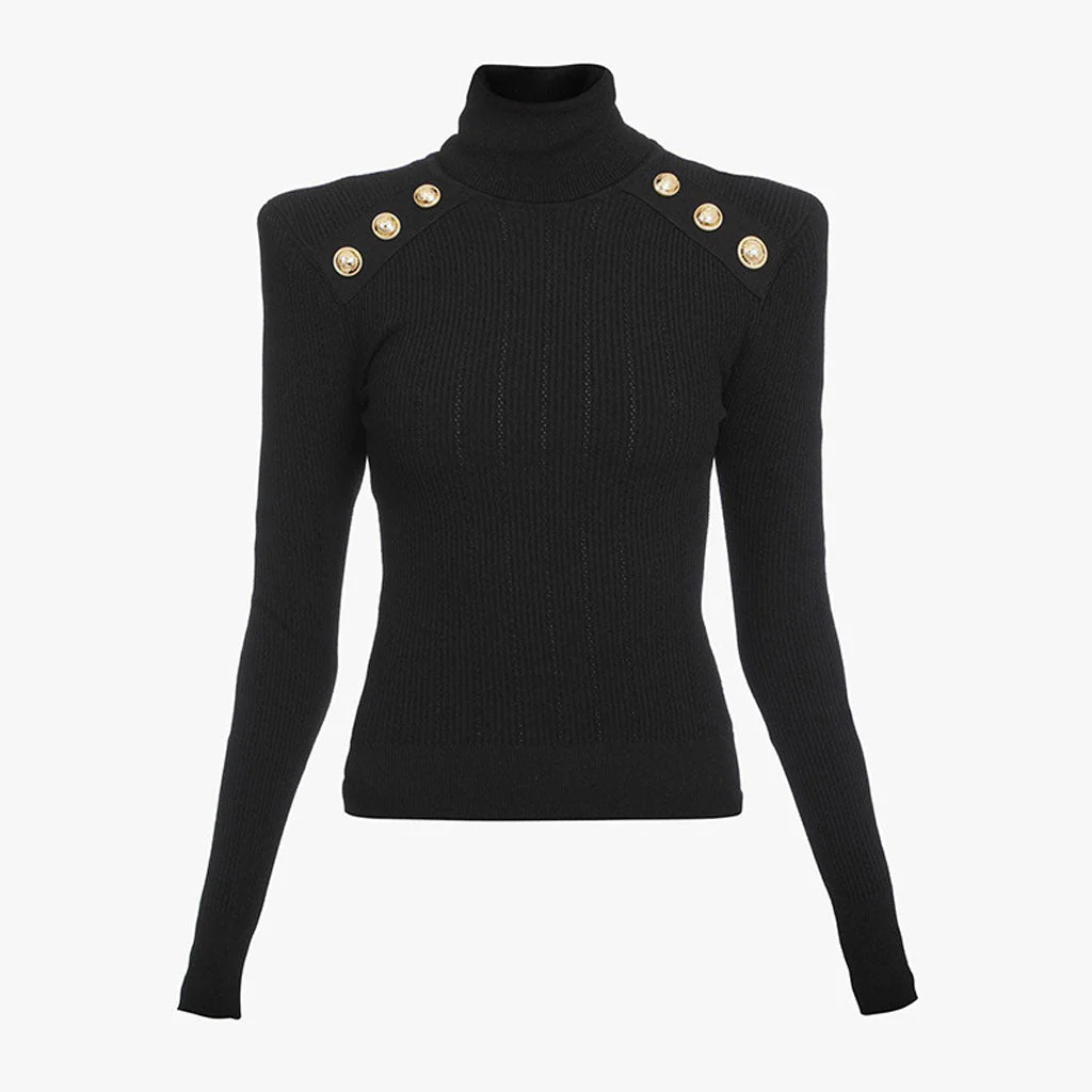 Stylish Button Detail Shoulder Pad Turtleneck Long Sleeve Cable Ribbed Knit Top - Image 5