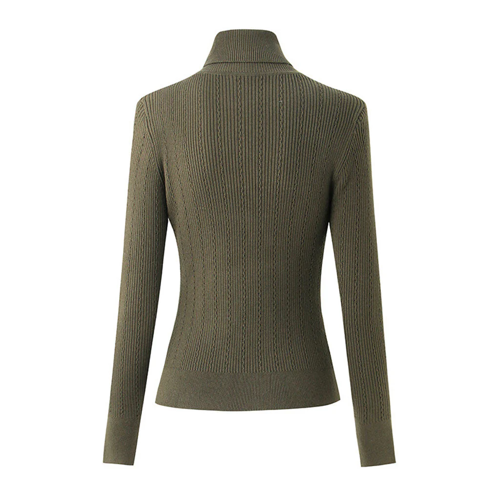 Stylish Button Detail Shoulder Pad Turtleneck Long Sleeve Cable Ribbed Knit Top - Image 6