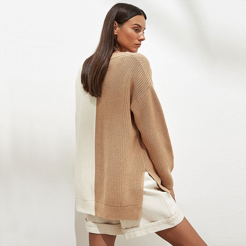 Stylish Contrast Color V Neck Drop Shoulder Long Sleeve Sweater - Khaki - Image 3